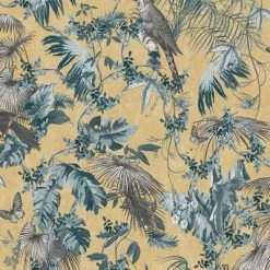 DUTCH WALLCOVERINGS Papier peint Feuilles et oiseaux Bleu et doré