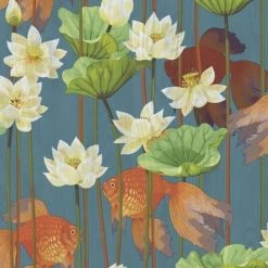 DUTCH WALLCOVERINGS Papier peint Poisson/fleur Bleu