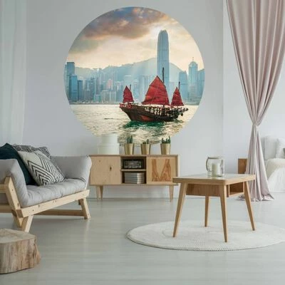 WallArt Papier peint cercle Skyline with Junk Boat 142,5 cm 2 WallArt Papier peint cercle Skyline with Junk Boat 142,5 cm – Image 2