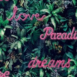 Good Vibes Papier peint Neon Letter with Plants Vert et rose