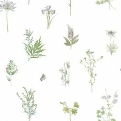 Evergreen Papier peint Herbs and Flowers Blanc