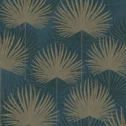 DUTCH WALLCOVERINGS Papier peint Feuilles Bleu pétrole et doré
