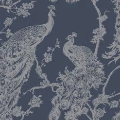 DUTCH WALLCOVERINGS Papier peint Paon Bleu marine et argenté