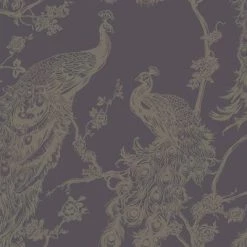 DUTCH WALLCOVERINGS Papier peint Paon Violet et argenté