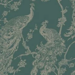 DUTCH WALLCOVERINGS Papier peint Paon Vert et argenté