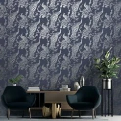 DUTCH WALLCOVERINGS Papier peint Paon Bleu marine et argenté -Papiers peints Soldes image 3 437415
