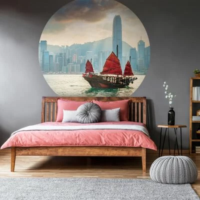 WallArt Papier peint cercle Skyline with Junk Boat 142,5 cm 3 WallArt Papier peint cercle Skyline with Junk Boat 142,5 cm – Image 3