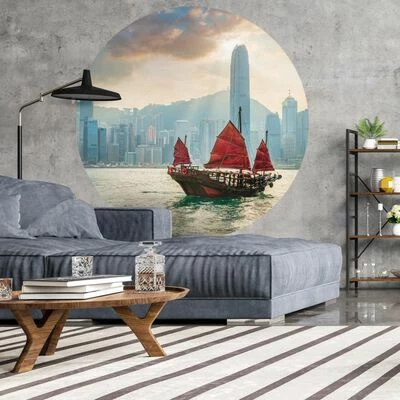 WallArt Papier peint cercle Skyline with Junk Boat 142,5 cm 4 WallArt Papier peint cercle Skyline with Junk Boat 142,5 cm – Image 4