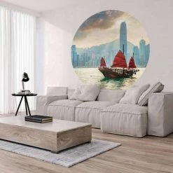 WallArt Papier peint cercle Skyline with Junk Boat 190 cm -Papiers peints Soldes image 5 440349